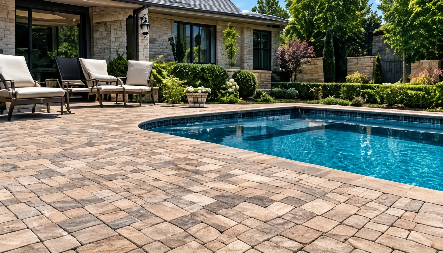 Paver patio beside a pool